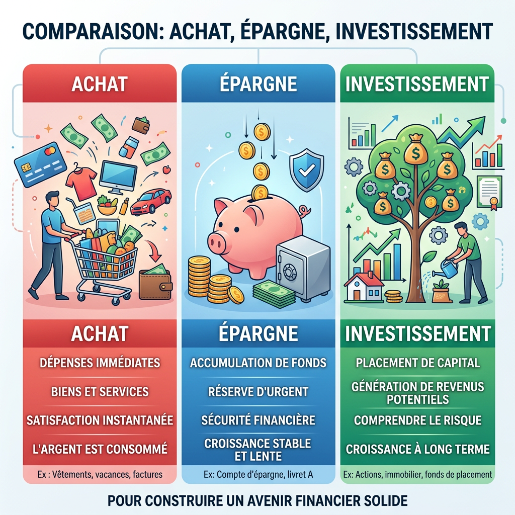Comparison of achat, épargne, investissement with icons and key points