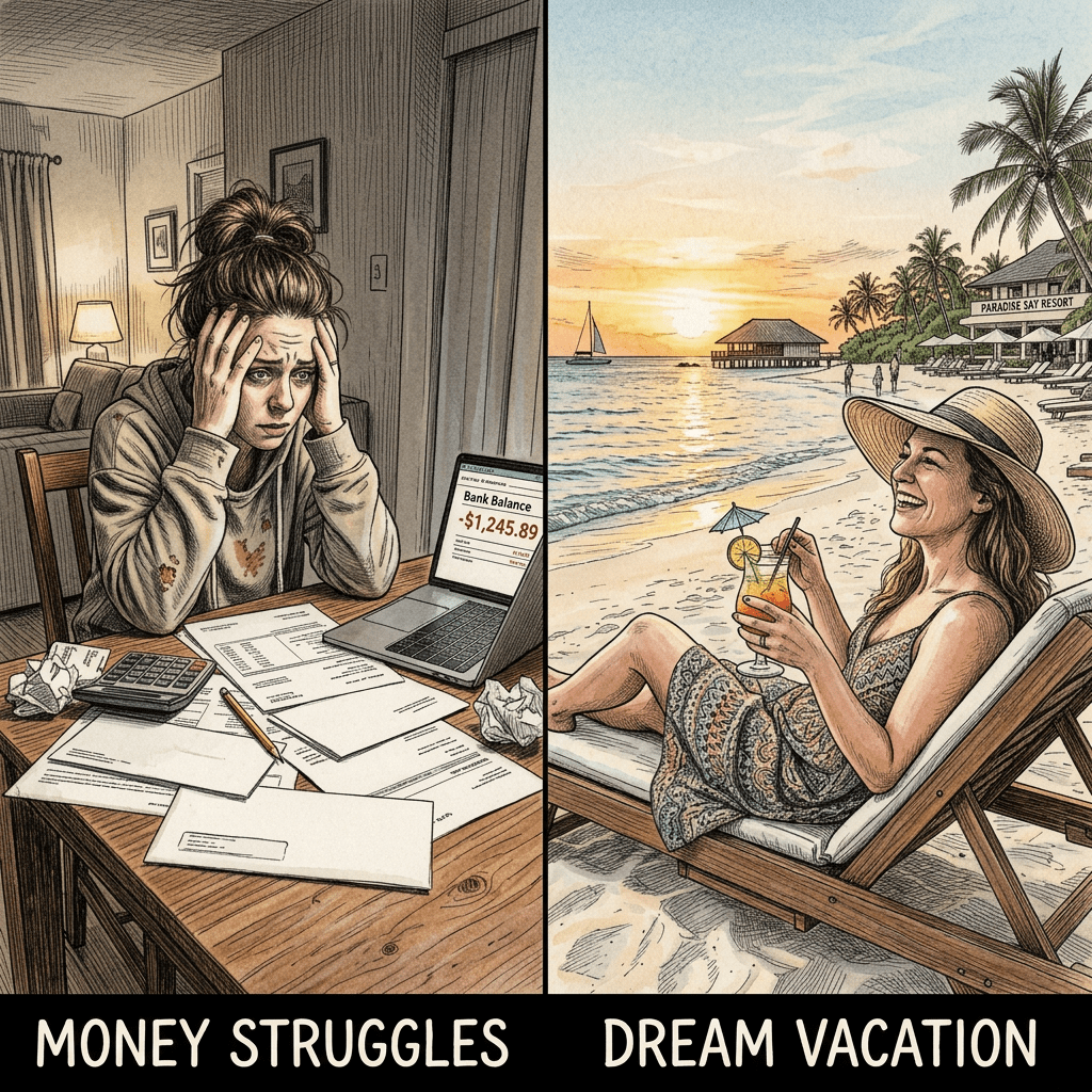 Left side shows stressed woman with unpaid bills and negative bank balance; right side shows happy woman enjoying a tropical beach vacation at sunset.