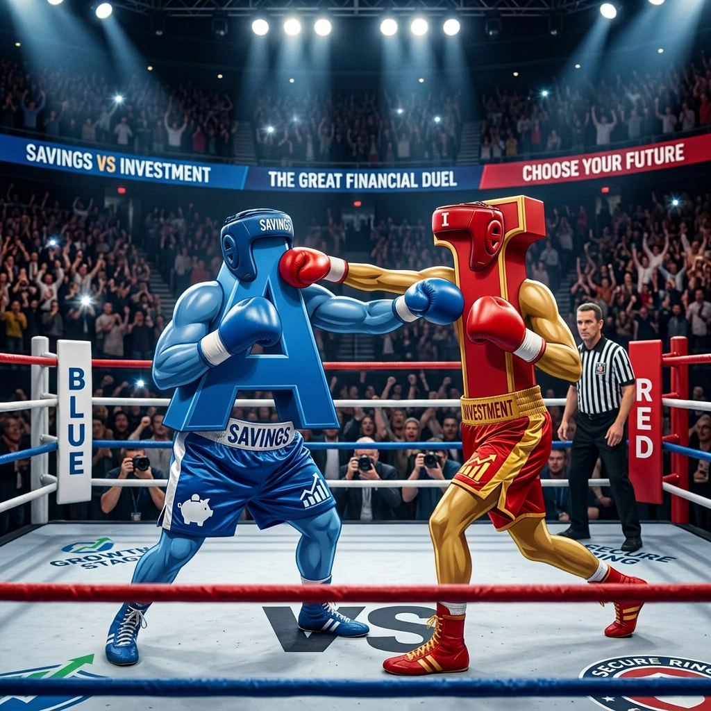 Two boxers in a ring labeled savings and investment fighting while a referee watches