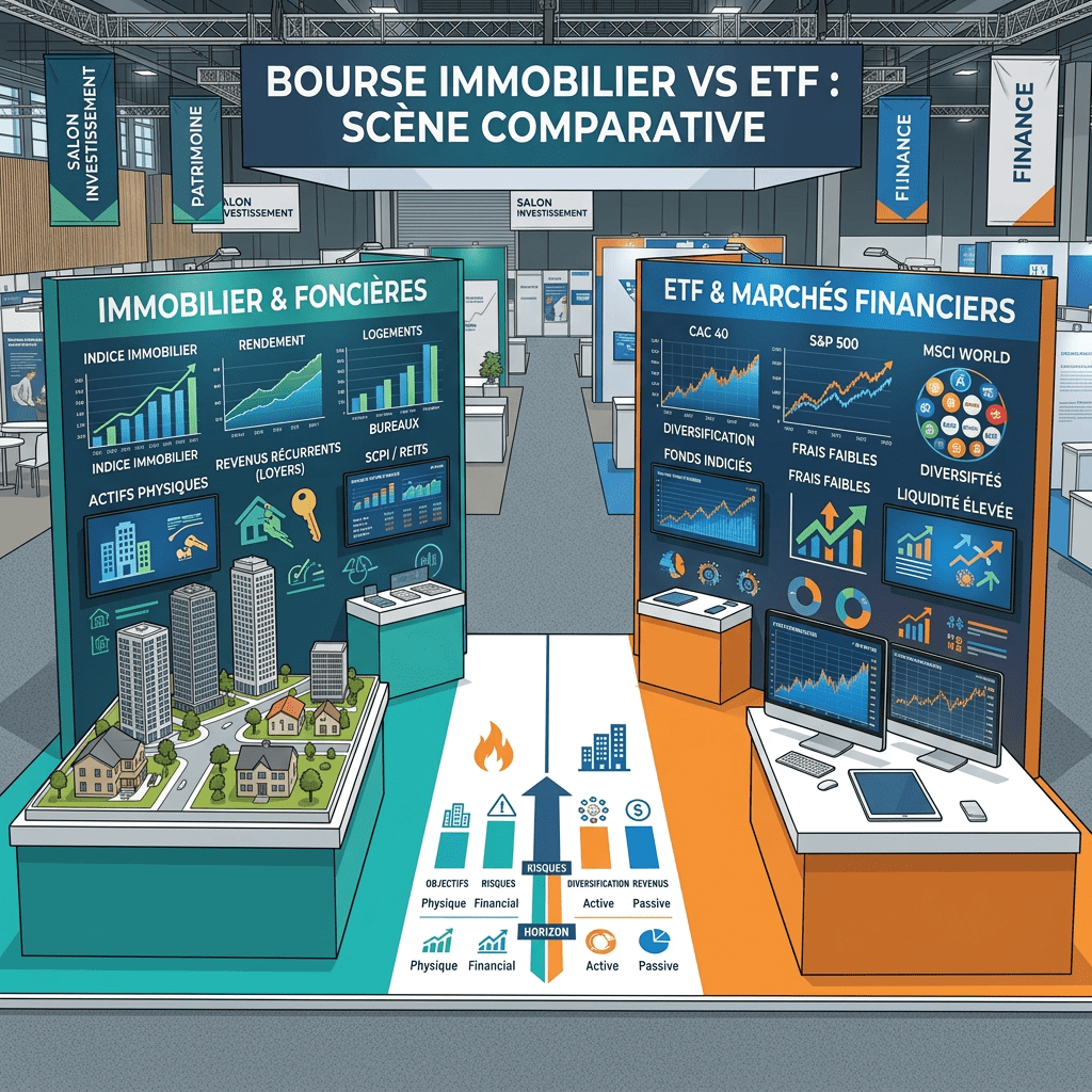 Exhibition comparing real estate and ETF markets with graphs and models