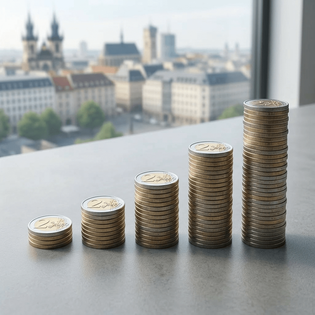 Tablet showing investment and dividend performance graph in French with euro banknotes on desk