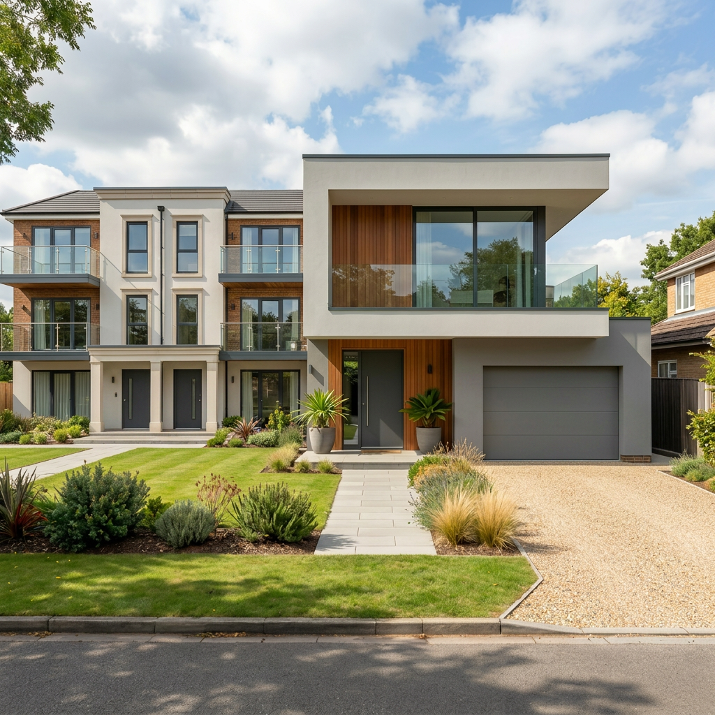 Modern two-story house with garden and 'À Vendre' for sale sign