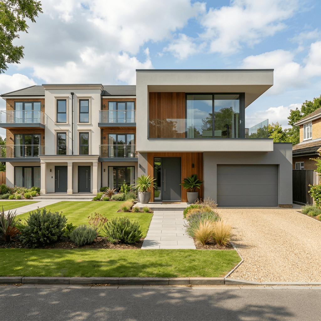 Modern two-story house with garden and 'À Vendre' for sale sign