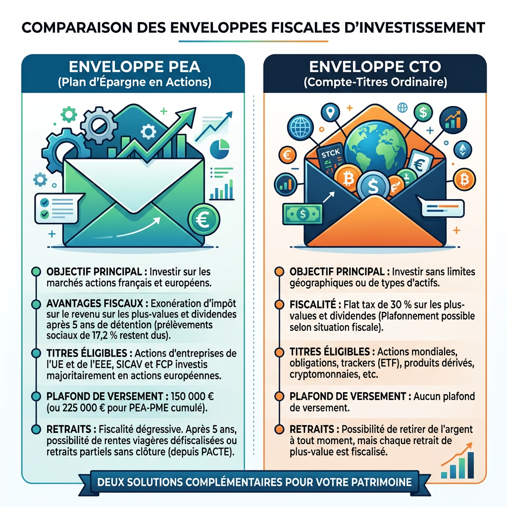 Comparison of PEA and CTO investment accounts with key objectives, tax benefits, eligible assets, contribution limits, and withdrawal rules