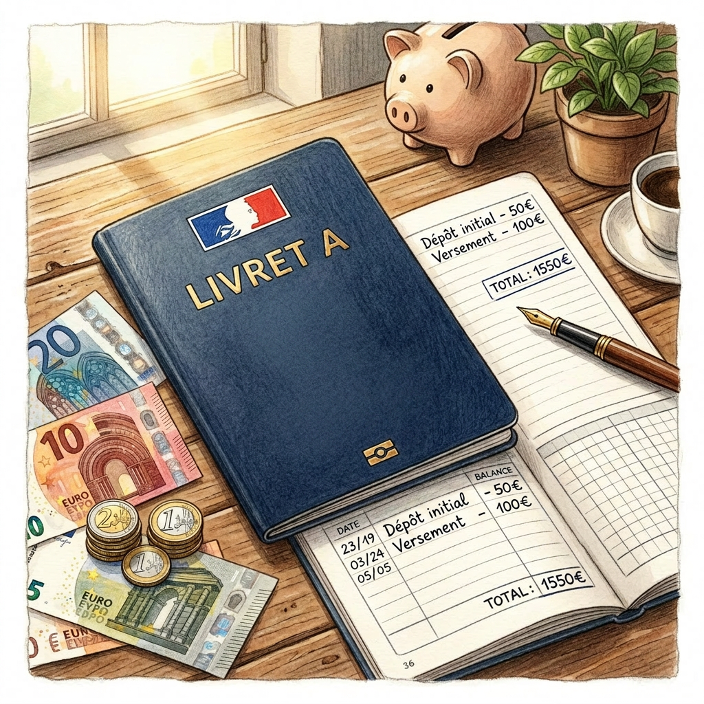 French Livret A savings book with euro banknotes, coins, piggy bank, pen, and savings record.