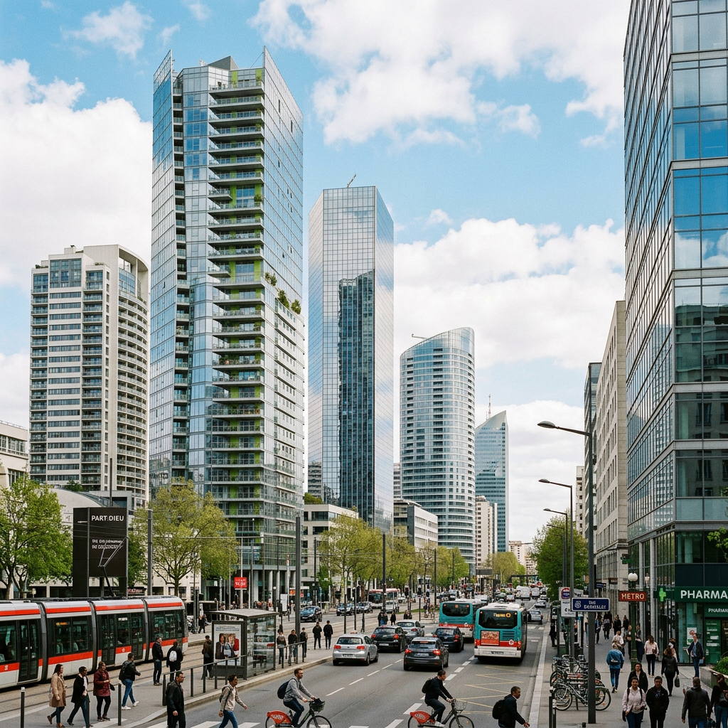 Busy urban street with skyscrapers, cars, pedestrians, buses, and tram