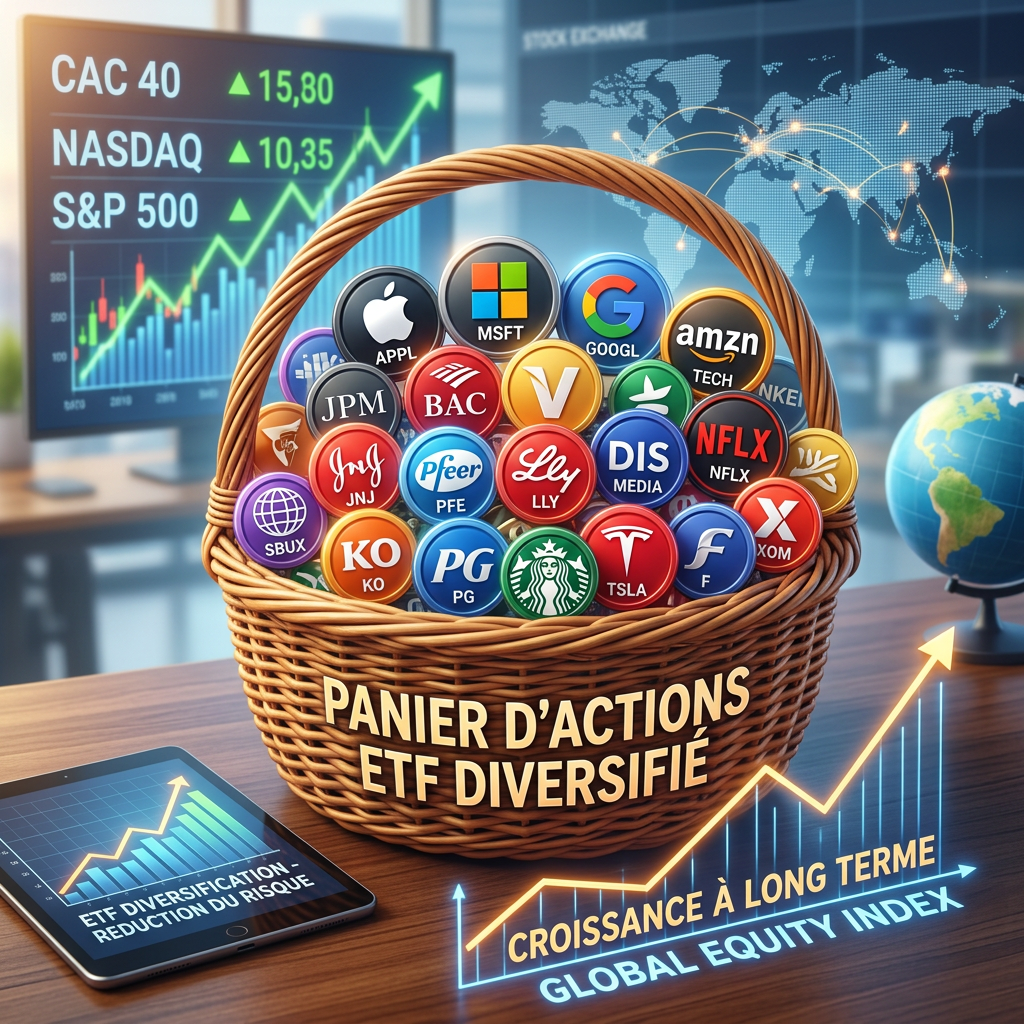 Basket of diversified ETF stocks with logos of major companies alongside growth charts and a global map