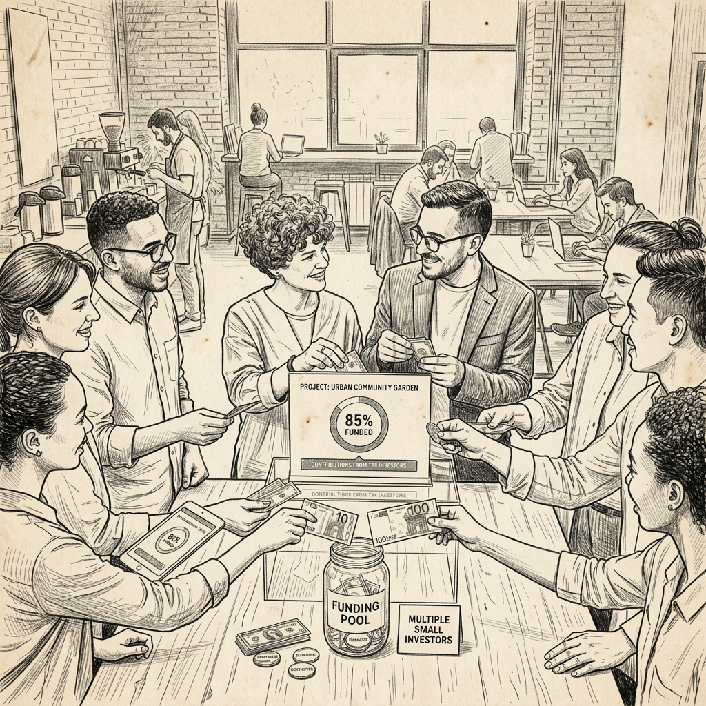 Group of people contributing money to a community garden crowdfunding box labeled 85% funded