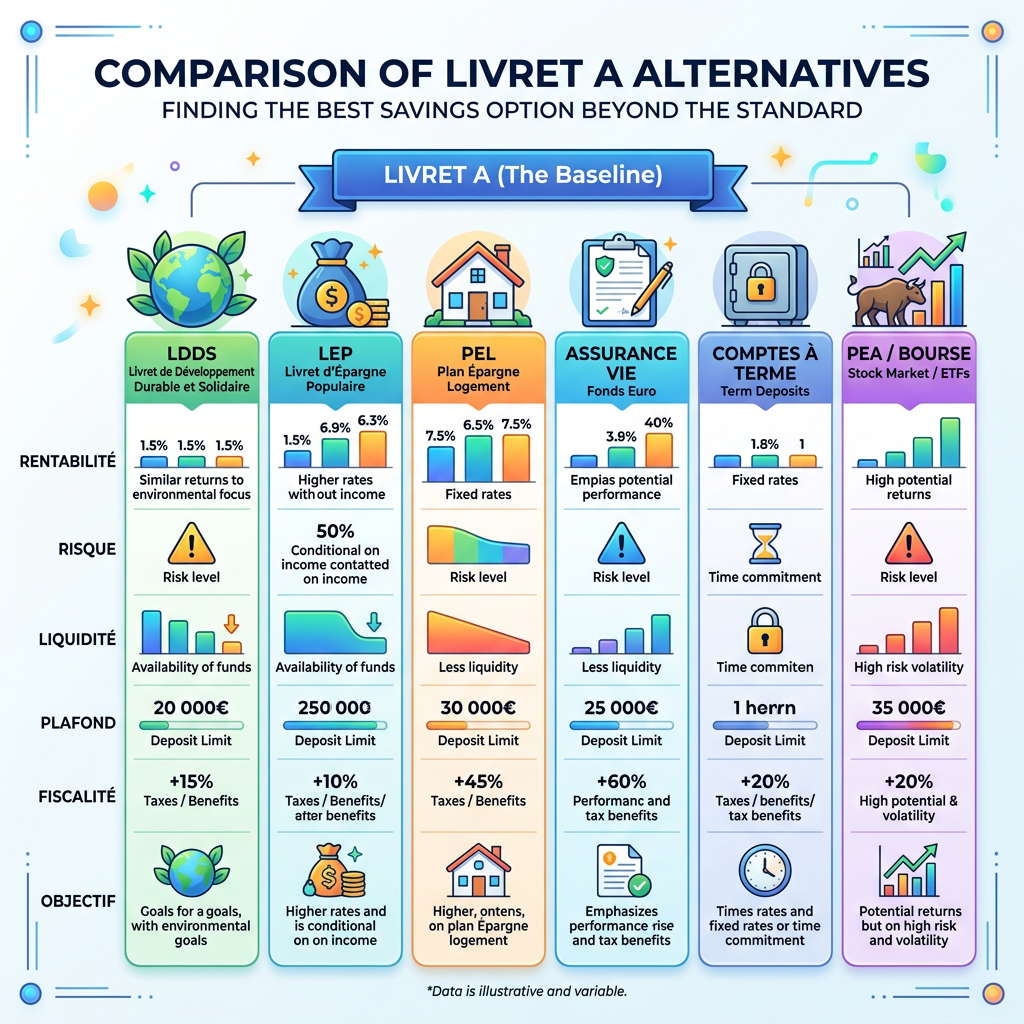 Comparison chart of Livret A alternatives including LDDS, LEP, PEL, Assurance Vie, Term Deposits, and PEA/Bourse with financial metrics
