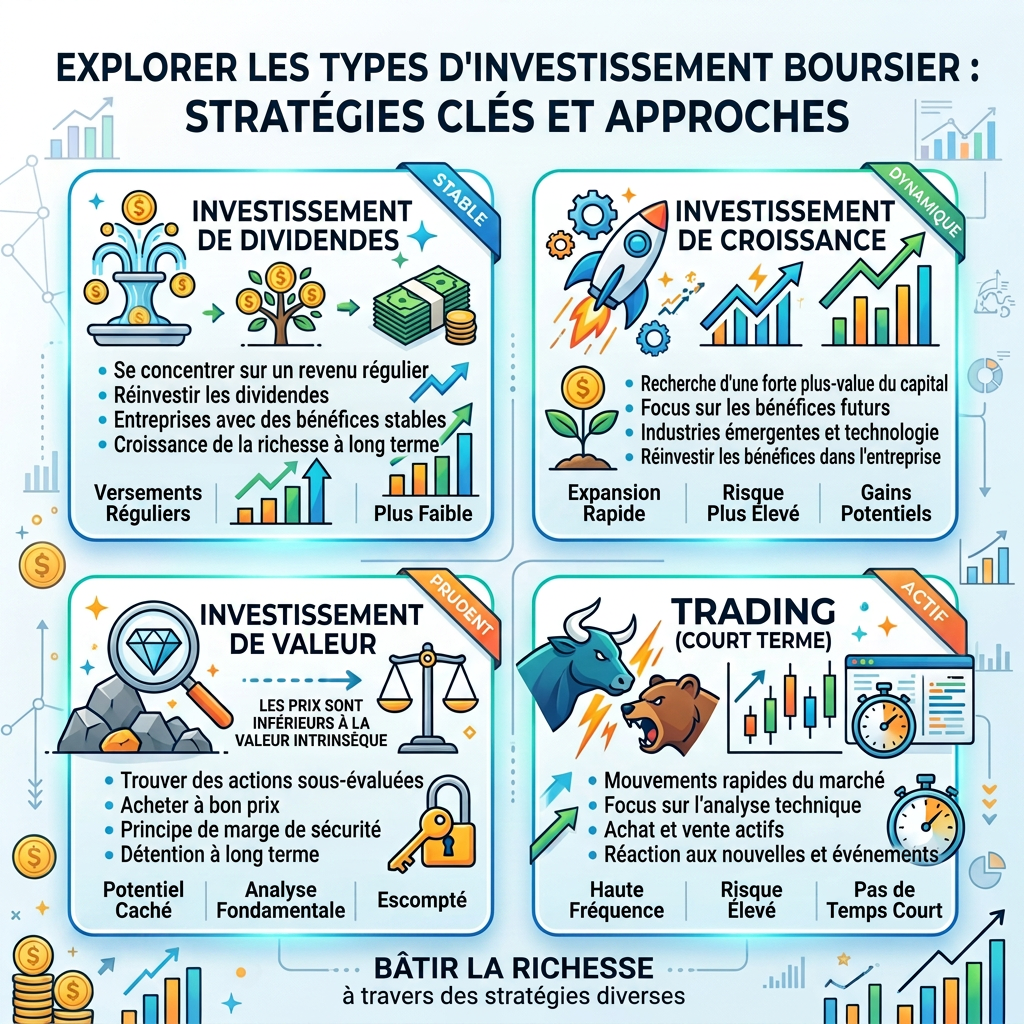 Infographic showing dividend, growth, value, and trading stock investing strategies with key points and icons.
