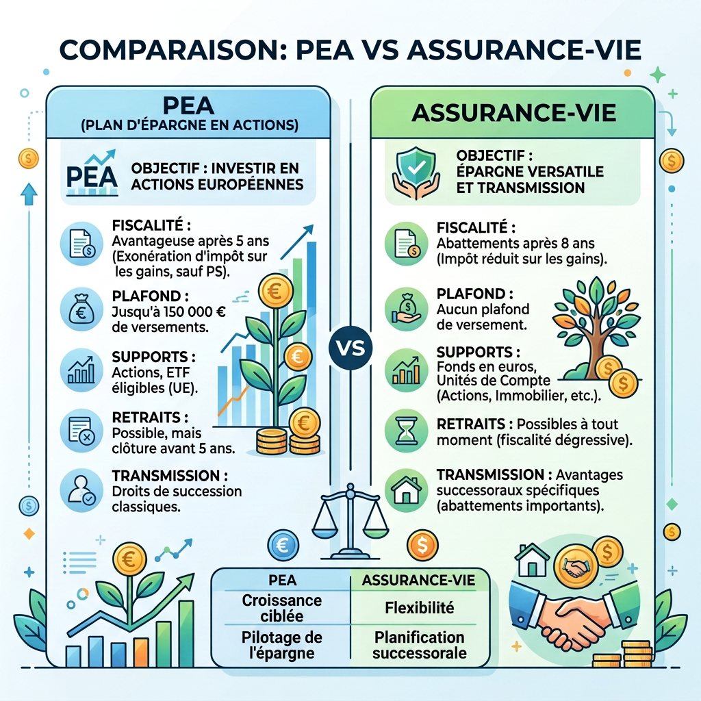 Comparison chart of PEA and Assurance-Vie investment plans with objectives, tax benefits, limits, supports, withdrawals, and transmission details