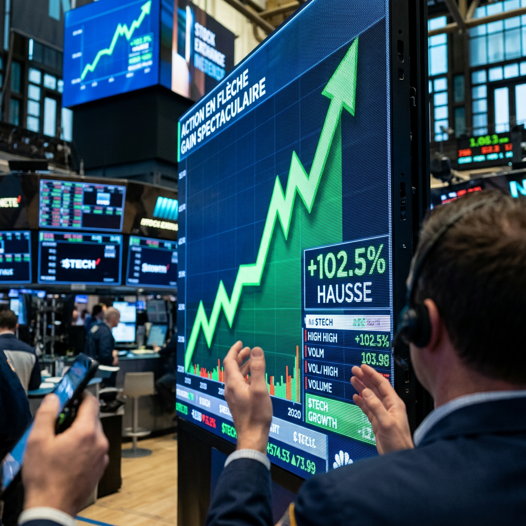 Digital stock market board displaying a +102.5% rise with an upward arrow