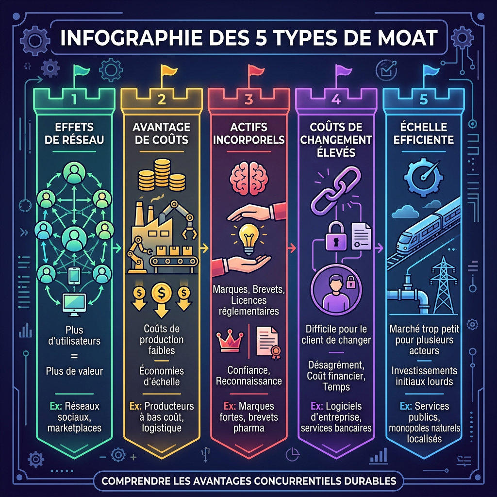 Infographie des 5 types de moat : effets de réseau, avantage de coûts, actifs incorporels, coûts de changement élevés et échelle efficiente.