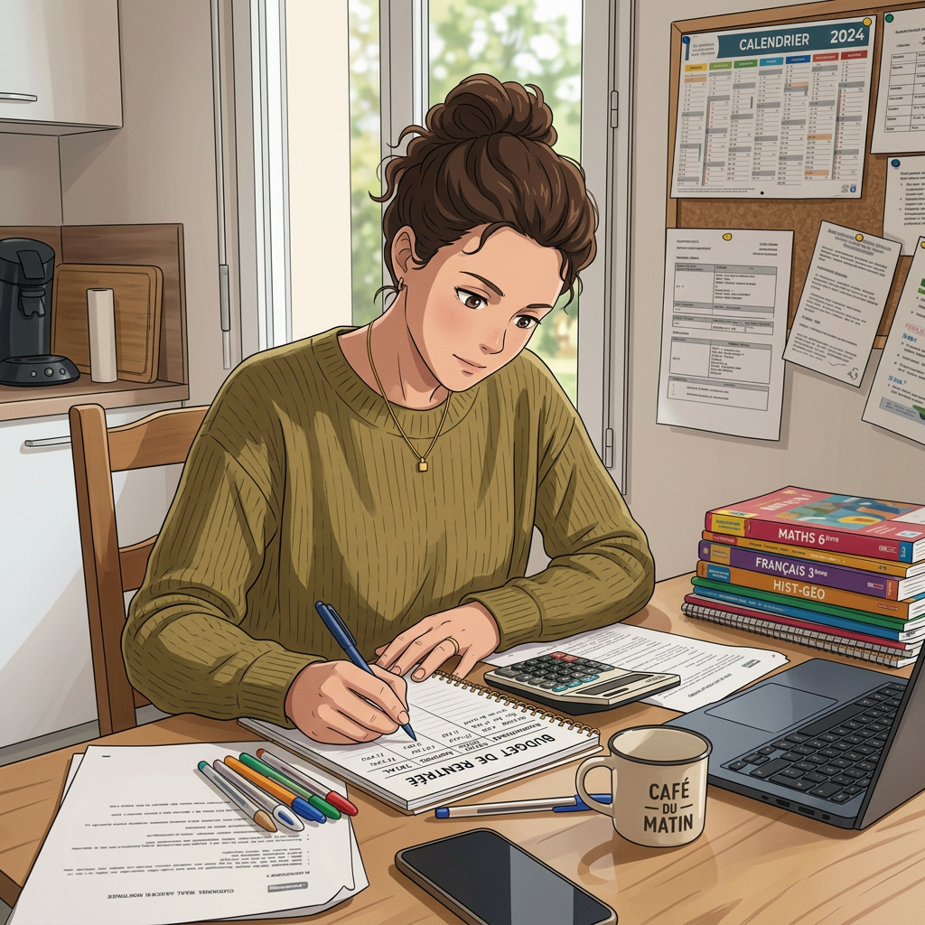 Woman writing schoolwork at a table beside textbooks and laptop