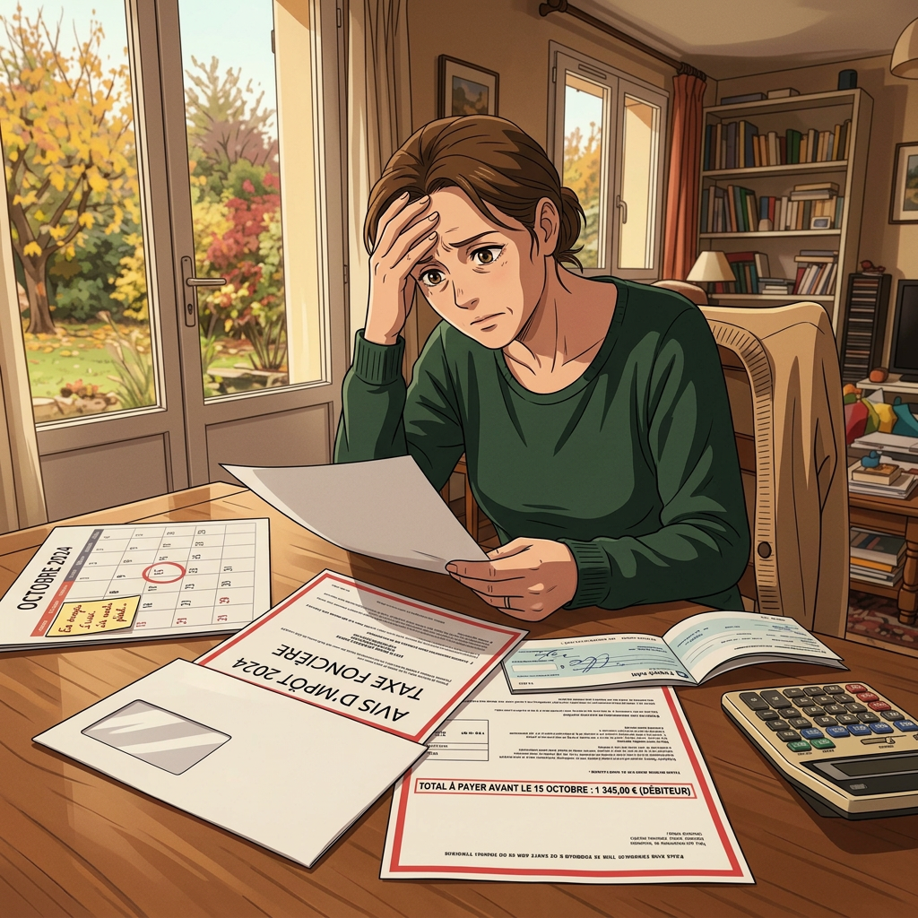 Woman reviewing bills, calendar, calculator, and notices including “AVIS D’IMPÔT 2024”